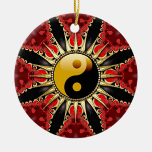 YinYang Red Tribal Flower Ceramic Ornament