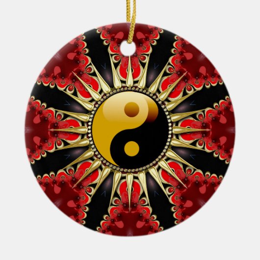 YinYang Red Tribal Flower Ceramic Ornament (Voorkant)