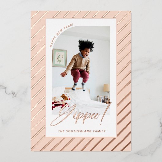 Yippee! Happy New Year Fun Modern Stripes Foto Folie Feestdagenkaart (Voorkant)