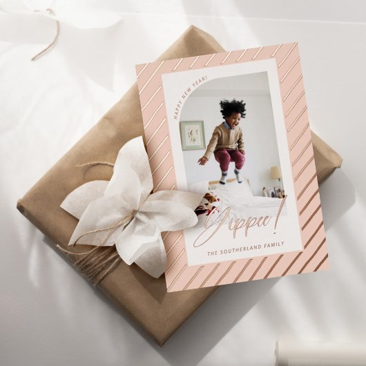 Yippee! Happy New Year Fun Modern Stripes Foto Folie Feestdagenkaart