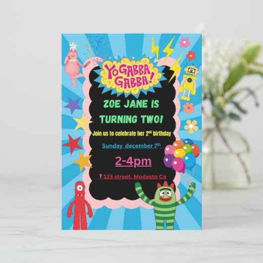 Yo Gabba Gabba verjaardagsfeestje uitnodiging (Staand voorkant)
