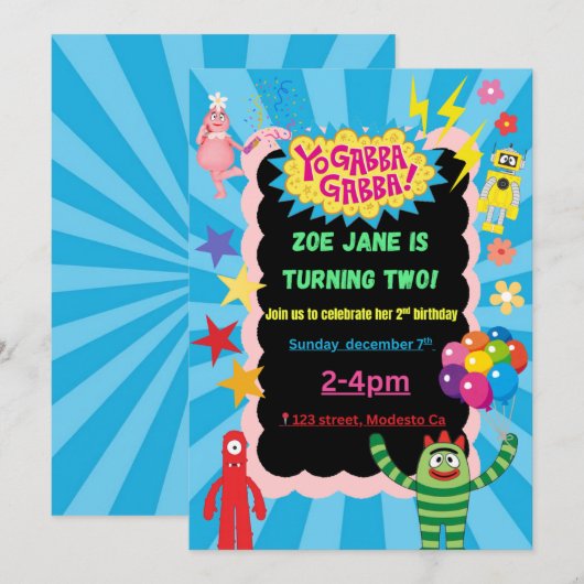 Yo Gabba Gabba verjaardagsfeestje uitnodiging (Voorkant / Achterkant)