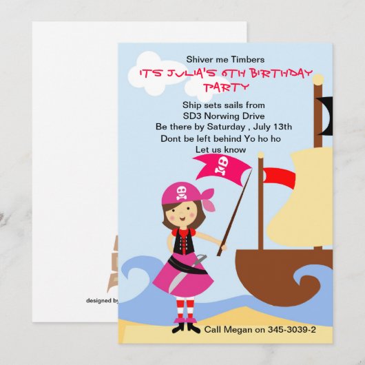 Yo Ho Ho Pink Pirate Birthday Party uitnodiging (Voorkant / Achterkant)