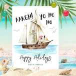 "Yo Ho Ho Pirate KerstKerstmis Feestdagenkaart<br><div class="desc">Ahoy. Voeg een beetje lol toe aan de feestdagen met deze nautische kerstkaart met een waterverf piratenkerstman die drink van een kokosnoot, en piratenschip en jolly roger met "Aargh!" en "Yo Ho Ho"-onderschriften. De groet (hier getoond met Prettige feestdagen), en de handtekeningsnaam kan worden gepersonaliseerd.. en u kunt zelfs het...</div>