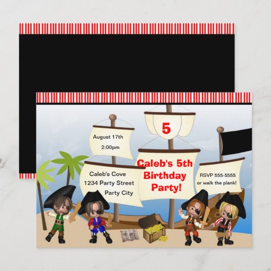 Yo ho piraten & schip verjaardagsfeestuitnodiging kaart (Voorkant / Achterkant)