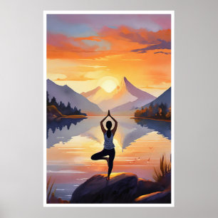 Yoga aan het meer bij zonsondergang poster
