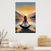 Yoga aan het meer bij zonsondergang poster (Keuken)