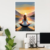 Yoga aan het meer bij zonsondergang poster (Thuiskantoor)