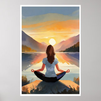Yoga aan het meer bij zonsondergang poster