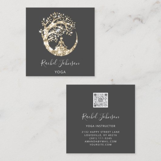 Yoga Classes School Instructor QR Black Gold Vierkante Visitekaartje (Voorkant / Achterkant)