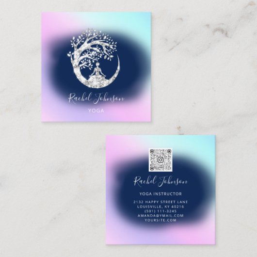 Yoga Classes School Instructor QR Blue Navy Vierkante Visitekaartje (Voorkant / Achterkant)