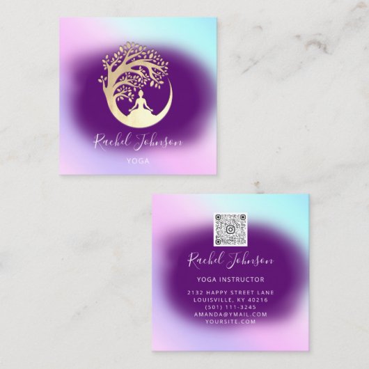 Yoga Classes School Instructor QR Heal Violet Vierkante Visitekaartje (Voorkant / Achterkant)