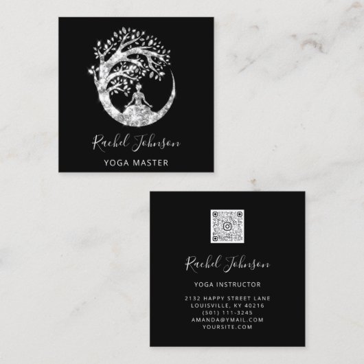 Yoga Classes School Instructor QR Spark Gray Vierkante Visitekaartje (Voorkant / Achterkant)