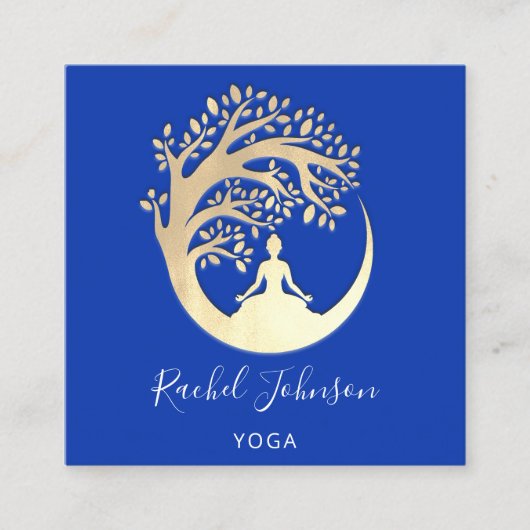 Yoga Classes School Logo Instructor QR Royal Blue Vierkante Visitekaartje (Voorkant)