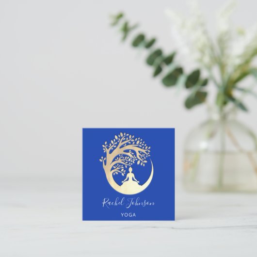 Yoga Classes School Logo Instructor QR Royal Blue Vierkante Visitekaartje (Staand voorkant)