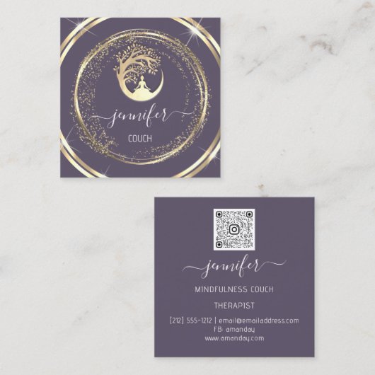 Yoga Couch Therapist Mindfulness QR Gold Paars Vierkante Visitekaartje (Voorkant / Achterkant)