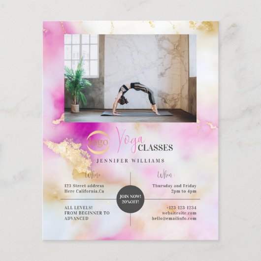 Yoga Foto Logo Abstracte Waterverf Roze Goud Flyer (Voorkant)