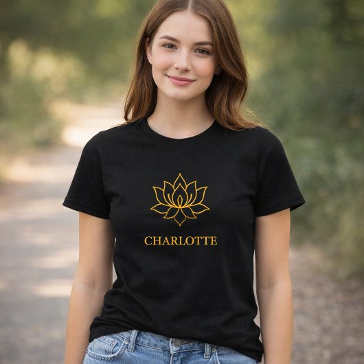 Yoga gold lotus flower name black t-shirt
