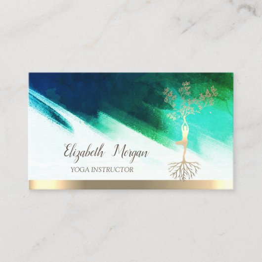 Yoga, Gold Tree Women Silhouette, Brush Stroke Visitekaartje (Voorkant)