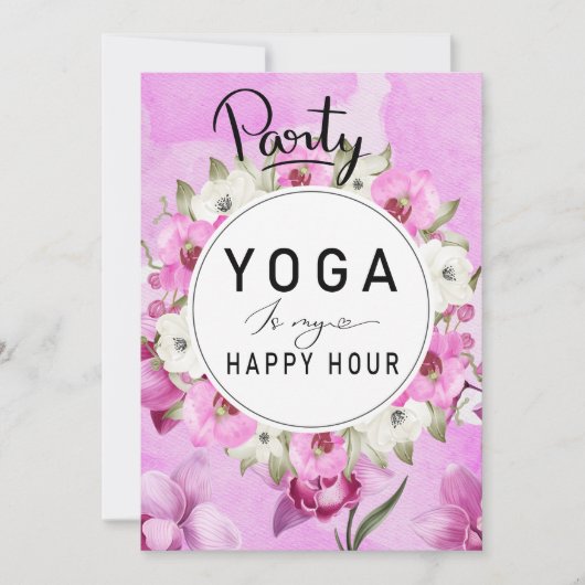 Yoga happy hour met paarse orchidee waterverf roze kaart (Voorkant)