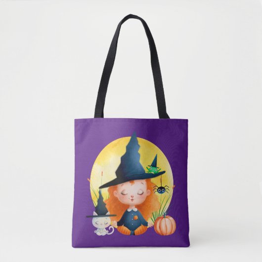 Yoga Heks en Kat Waterverf Halloween Paarse Tote Bag (Voorkant)