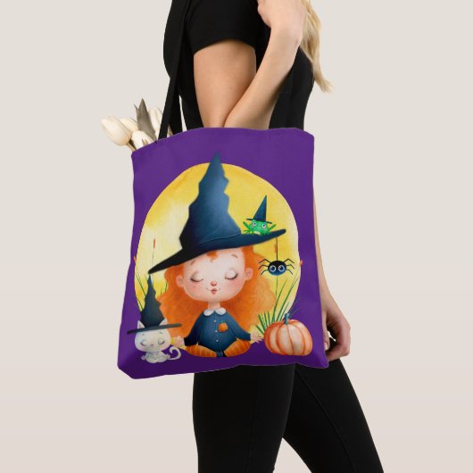 Yoga Heks en Kat Waterverf Halloween Paarse Tote Bag (Dichtbij)