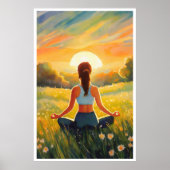 Yoga in het veld bij zonsondergang poster (Voorkant)