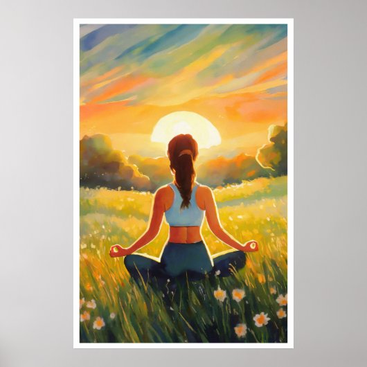 Yoga in het veld bij zonsondergang poster (Voorkant)