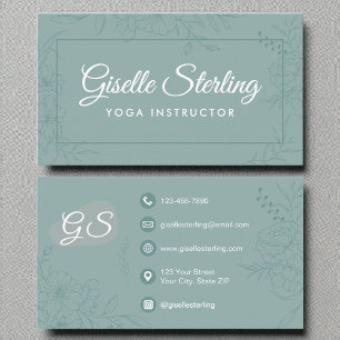 Yoga Instructeur Blauwgroen Bloemenlijn Art Script Visitekaartje