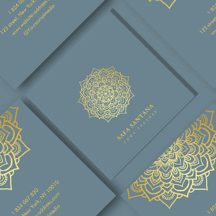 Yoga instructeur Dusty Blauw en Goud Mandala Vierkante Visitekaartje