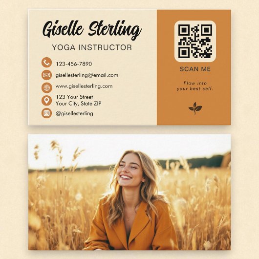 Yoga Instructeur Geel Sinaasappel QR Code Foto Visitekaartje