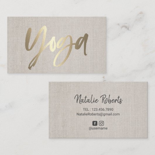 Yoga instructeur Gold Script legant linen Visitekaartje (Voorkant / Achterkant)