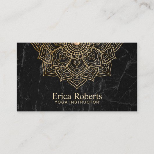 Yoga Instructeur Goud Lotus Mandala Zwart Marmer Visitekaartje (Voorkant)