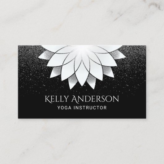Yoga Instructeur Wit Lotus Mandala Zwart Glitter Visitekaartje (Voorkant)