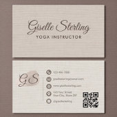Yoga Instructor Beige Linen Elegant QR Code Visitekaartje