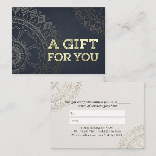 YOGA Instructor Cadeaubon Blue Gold Mandala Kortingskaartje (Voorkant / Achterkant)