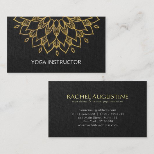 YOGA Instructor Chic Embroidery Black Gold Floral Visitekaartje (Voorkant / Achterkant)