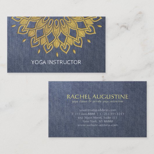 YOGA Instructor Chic Embroidery Blue Gold Floral Visitekaartje (Voorkant / Achterkant)