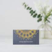YOGA Instructor Chic Embroidery Blue Gold Floral Visitekaartje (Staand voorkant)