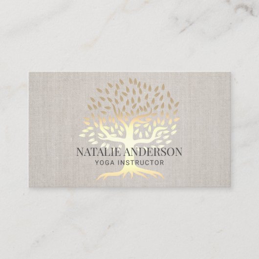 Yoga Instructor Gold Life Tree  Linen Visitekaartje (Voorkant)