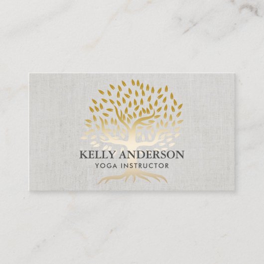 Yoga Instructor Gold Tree Elegant Linen Visitekaartje (Voorkant)