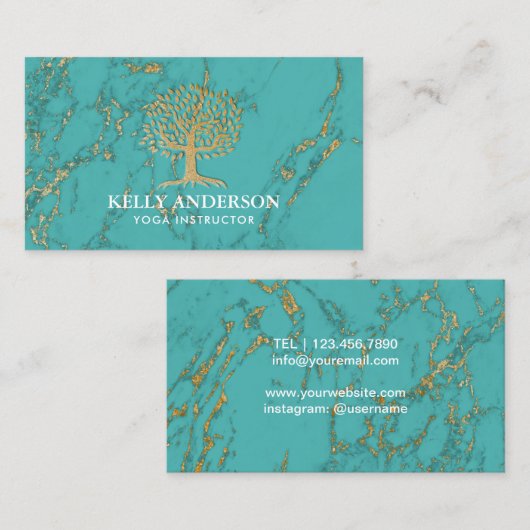 Yoga Instructor Life Coach Gold Tree Turquoise Visitekaartje (Voorkant / Achterkant)
