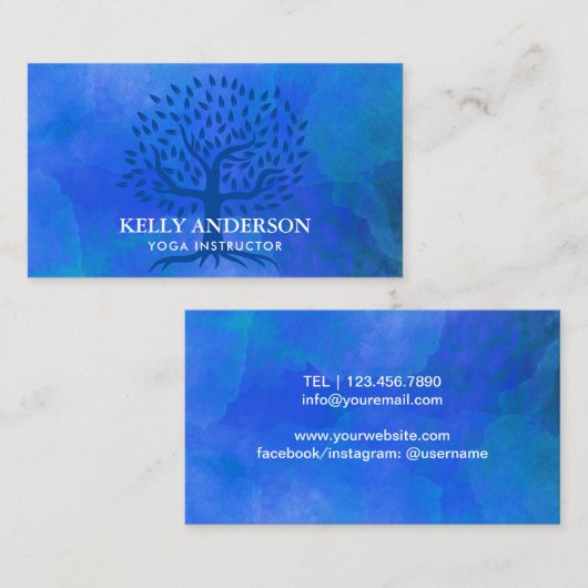 Yoga Instructor Life Tree Elegant Blue Waterverf Visitekaartje (Voorkant / Achterkant)