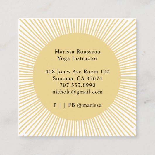 Yoga Instructor Lotus Pose Gold Sun Rays Vierkante Visitekaartje (Achterkant)