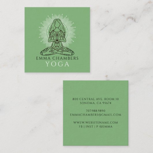 Yoga Instructor Lotus Pose White Mandala Green Vierkante Visitekaartje (Voorkant / Achterkant)