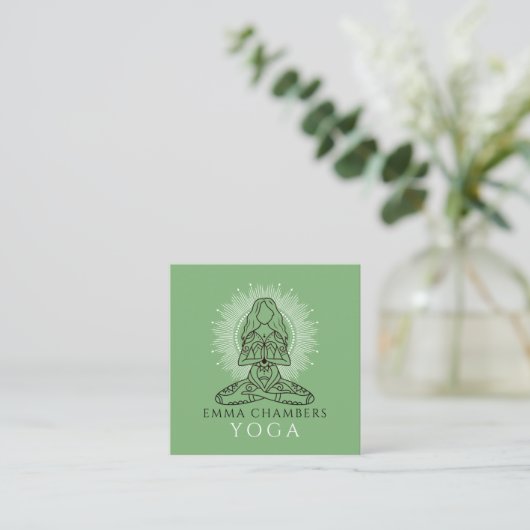 Yoga Instructor Lotus Pose White Mandala Green Vierkante Visitekaartje (Staand voorkant)