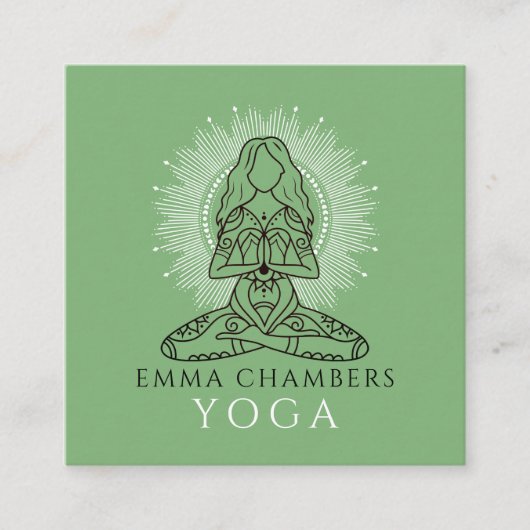 Yoga Instructor Lotus Pose White Mandala Green Vierkante Visitekaartje (Voorkant)