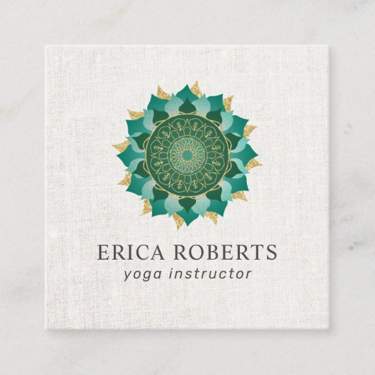 Yoga Instructor Mandala Flower  Linen Vierkante Visitekaartje (Voorkant)