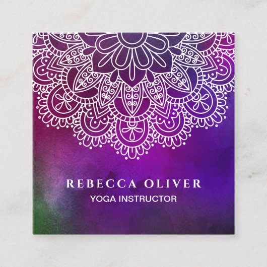 Yoga Instructor Paarse Waterverf Mandala Vierkante Visitekaartje (Voorkant)