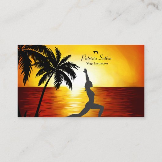 Yoga Instructor Palm Trees Ocean Sunset Silhouette Visitekaartje (Voorkant)